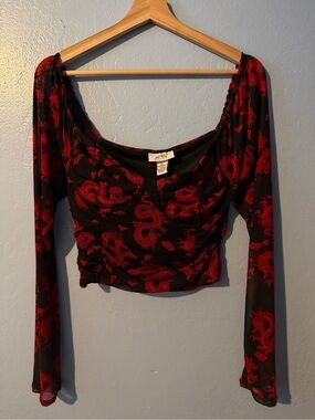 Just Polly Red Dragon Print Long-Sleeve Crop Top - Women's
